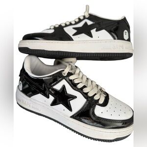 Bape Men Bapestas  leather black white sneakers shoes, 7